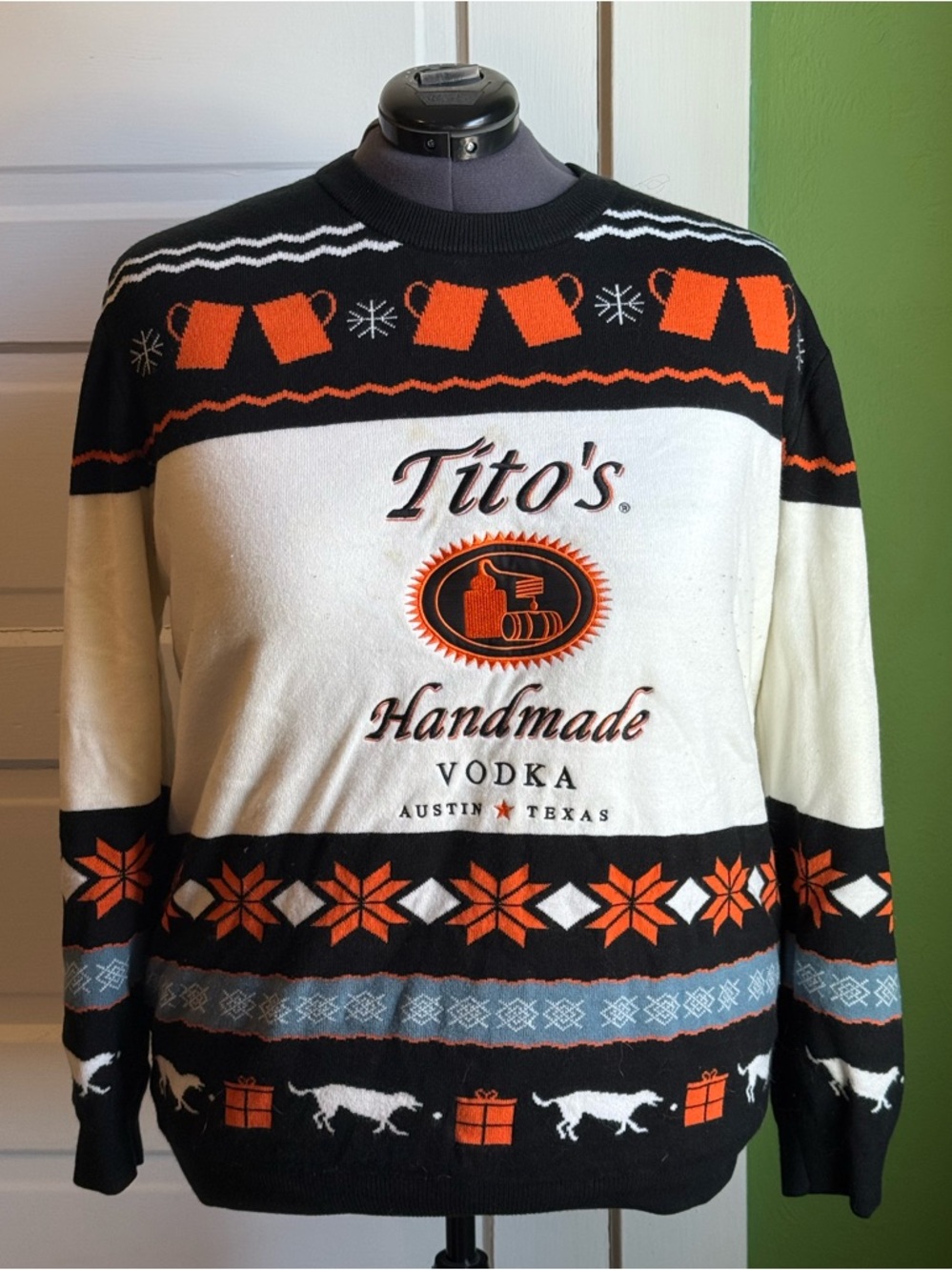 Tito's Handmade Vodka Men's Holiday Sweater - Black, White & Orange, 2XL